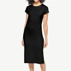 Tommy John Second Skin Dress Black Short Sleeve Round Neck Side Slits Midi NEW S